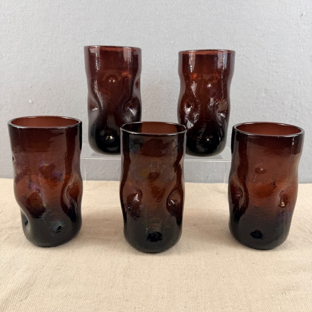 Blenko 418LC Amethyst Purple Crackle Dimple Pinch Glasses 6" MCM Set of 5